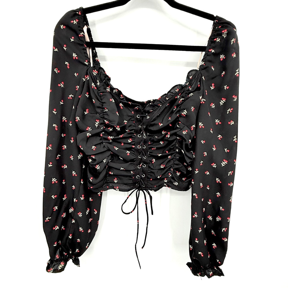 Milkmaid Y2K Whimsigoth Dark Fairy Grunge Lace-Up Festival Cropped Top Women's M